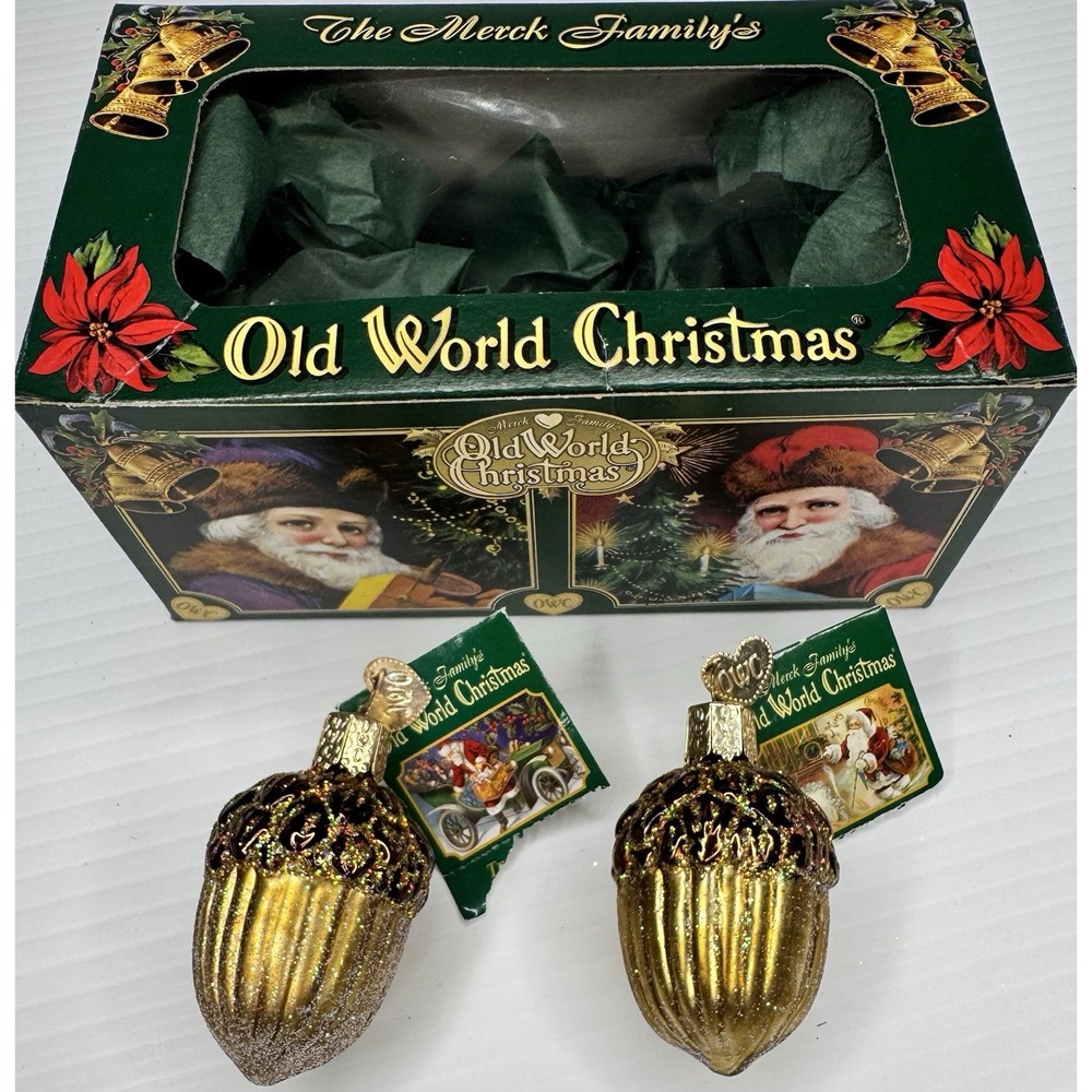 Old World Christmas Acorn Glass Ornaments Gold Brown Glitter Set of 2 Box